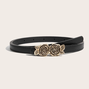 Ceinture fine en cuir noir pour femme avec boucle florale vintage en forme de rose dorée