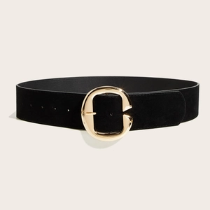 Ceinture large vintage noire en faux daim pour femme avec une boucle en métal doré en C