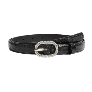 Women's slim black leather belt with crocodile pattern and rhinestone encrusted buckle