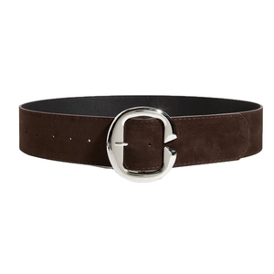Ceinture large vintage en daim marron foncé avec une grande boucle en métal argenté en C