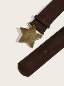 Close-up of brown suede wide belt featuring a vintage gold star-shaped metal buckle