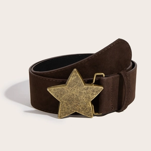 Vintage dark brown suede wide belt with large antique gold star buckle for dresses