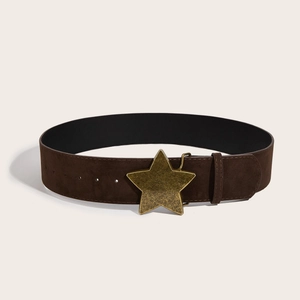 Vintage brown suede wide belt for women featuring a large golden star buckle and retro style
