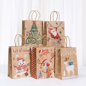 5-pack Christmas kraft paper gift bags with handles featuring Santa and reindeer designs
