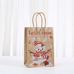 Brown kraft paper Christmas gift bag with festive snowman pattern and paper rope handles