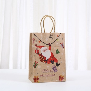 Brown kraft Christmas gift bag with Santa Claus and reindeer print with handles