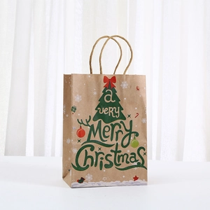 Cartoon Christmas kraft paper gift bag with green tree and sturdy twisted paper handles