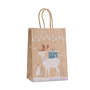 Cartoon Christmas kraft paper gift bag featuring festive reindeer and snowflake prints