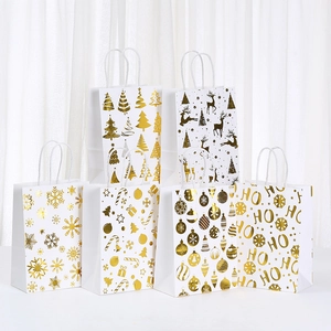 Lot de 6 sacs cadeaux de Noël en papier kraft blanc avec motifs flocons dorés