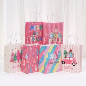 Pink Christmas Gift Paper Bag Printed Kraft Holiday Shopping Bag With Handle Festive Party Favor Packing Bag For Christmas Gift