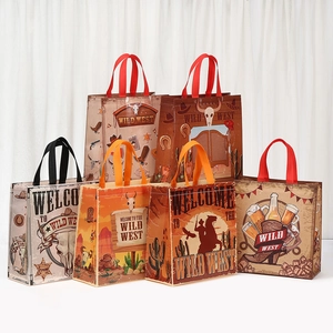 Vintage Wild West Themed Gift Bag Laminated Non-woven Shopping Bag With Handles Cowboy Bull Skull Printed Party Favor Bag