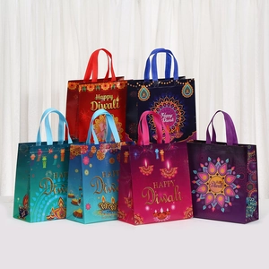 Set of 6 reusable Diwali gift bags with colorful mandala designs and festival greetings
