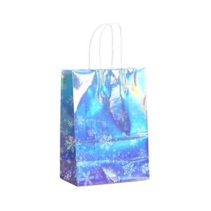 Holographic blue gift bag with white snowflake patterns and paper rope handles