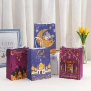 Detail of Ramadan gift bags with mosque prints and crescent moon patterns on kraft paper