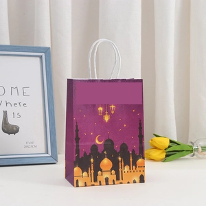 Detail of purple Ramadan kraft paper gift bag with golden mosque and moon prints