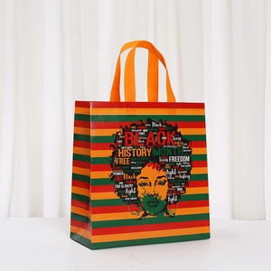 Non-woven Black History Month shopping bag with colorful stripes and female silhouette