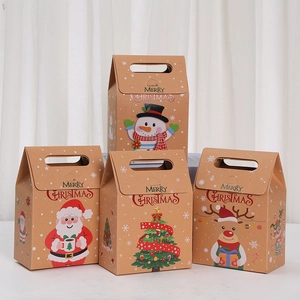 Detail showing four Christmas gift bags with Santa, Snowman, Tree, and Reindeer patterns