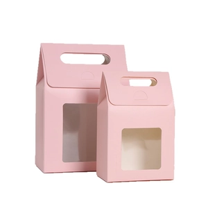Pink cardboard gift box set with clear window and handle in two different sizes