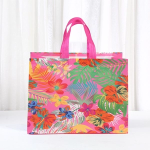 Pink tropical flower non-woven shopping bag with hibiscus prints and large capacity