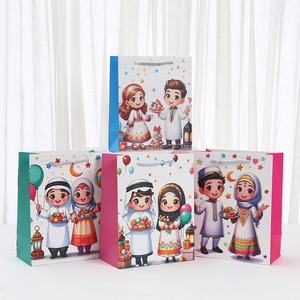 Sacs Cadeaux Thème Aïd Festif en Carton Blanc avec Impression de Personnages de Dessins Animés Célébration du Ramadan Style Moyen-Orient