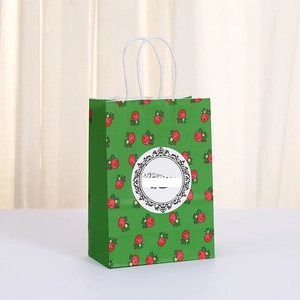 Détail du sac cadeau en papier kraft vert avec motifs floraux et anses en corde blanche