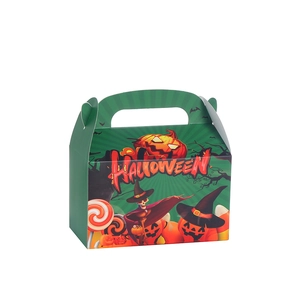Green Halloween cake gift box with cartoon pumpkin illustrations and a sturdy handle