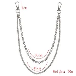 Silver punk style double layer metal pants chain with tassels and rhinestones for clothes