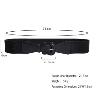 Black elastic waist belt for dresses with U-shaped buckle and size dimensions 78x6cm