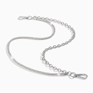 Punk silver pants chain with dual-layer metal links and shimmering rhinestone tassels