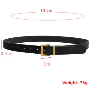 Detail view of black leather belt with gold pin buckle showing 2.8cm width and 101cm length