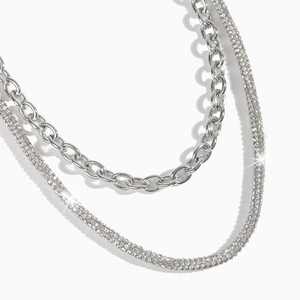 Silver double-layer punk waist chain with bold link and sparkling rhinestone details