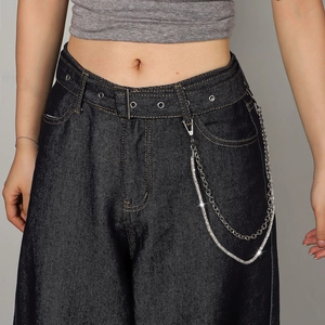 Deep blue denim jeans with silver double-layered punk metal waist chains and tassel detail