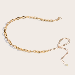 Detailed macro view of the gold rectangular link waist chain with adjustable lobster clasp