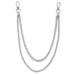 Silver double-layer punk hip hop waist chain with rhinestones and metal lobster clasps
