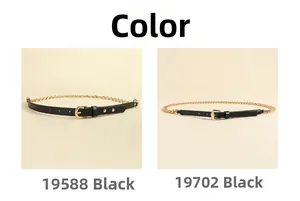 Detail view of two black punk style belts with golden chains and diverse buckles