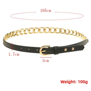 Detailed size map of women's belt with black leather strap and gold chain link