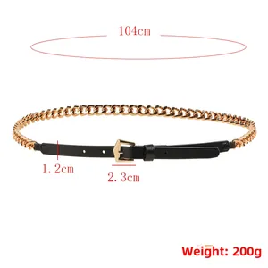 Detailed size chart of women punk belt with gold chain including length 104cm and weight 200g