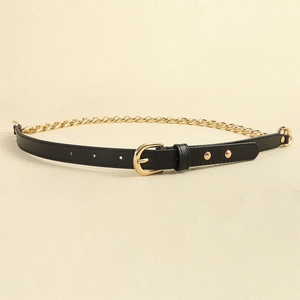Women's black punk leather belt featuring golden metal chain and adjustable pin buckle