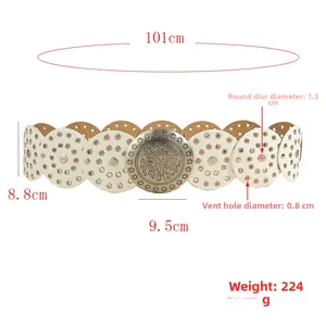 Detailed view showing large vintage metal buckle and dimensions of the western waist belt