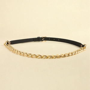 Detail of a punk style waist chain belt featuring black leather and gold metal chain links