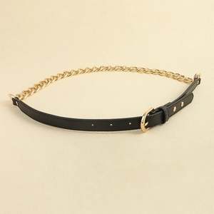 Detailed view of women's black punk belt featuring golden chain and metal studs