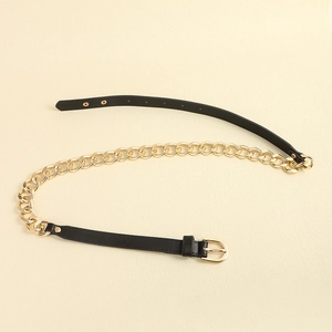 Women's punk leather belt with gold metal chain links and D-ring buckle accessory