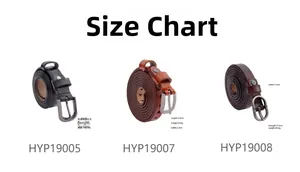 Size chart showing dimensions and cowhide material for three leather belts in various colors