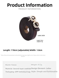 Détails de la ceinture réglable en cuir de vachette marron avec boucle dorée double