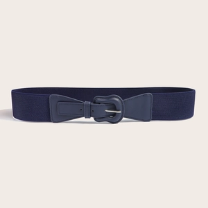 Detailed macro view of dark blue elastic waist belt with textured band and buckle