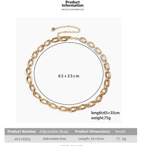 Detail view of adjustable gold aluminum waist chain with lobster clasp and size chart