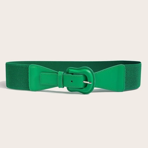 Fashionable wide elastic green waist belt for women with elegant silver buckle and texture