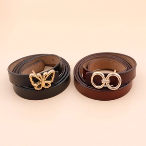 Ceinture Mince pour Femmes en Croûte de Cuir de Vache Vintage Style Coréen Boucle Dorée Nœud Papillon Chiffre 8 Mode