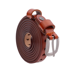 Star cutout dark brown leather belt with silver buckle in coiled display for women