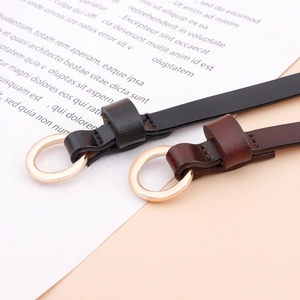 Ceintures fines en cuir pour femmes avec boucle ronde dorée en noir et marron rouge